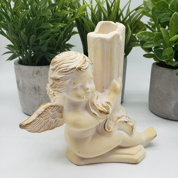 BEIGE White Gold Chalkware Bisque Cherub Candle Stick Holder - Picture 4 of 7